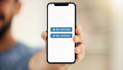 Hand, man and phone screen for stock trading, investment choice and decision of cryptocurrency market strategy. Person, mobile and digital finance, fintech innovation and trade profit of stocks