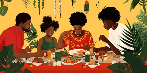 An illustration of a happy black family eating a meal together at a table decorated with tropical leaves and flowers, conveying a sense of joy, love, and togetherness.