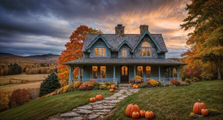 A view of a charming cabin in autumn, with a Halloween atmosphere, in Vermont