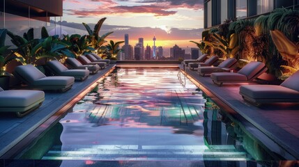A chic rooftop pool surrounded by sleek lounge chairs and tropical foliage. The sparkling water reflects the vibrant colors of the sunset, creating a picture-perfect oasis in the heart of the city.