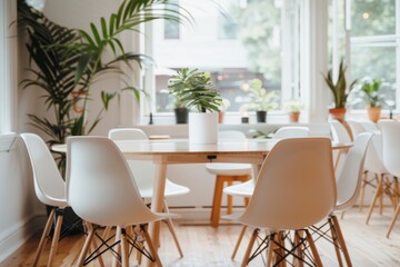 A minimalist Scandinavian dining area with a wooden table and white chairs. The room is flooded with natural light, and the decor is simple and stylish