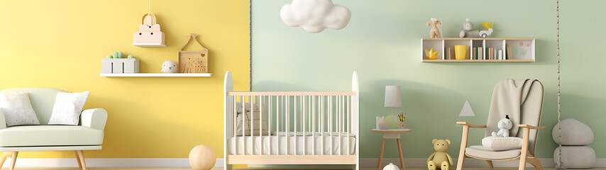 Bright and cheerful gender neutral nursery with a modern and minimalist design, featuring a crib, a rocking chair, a sofa, a rug, and a few toys.