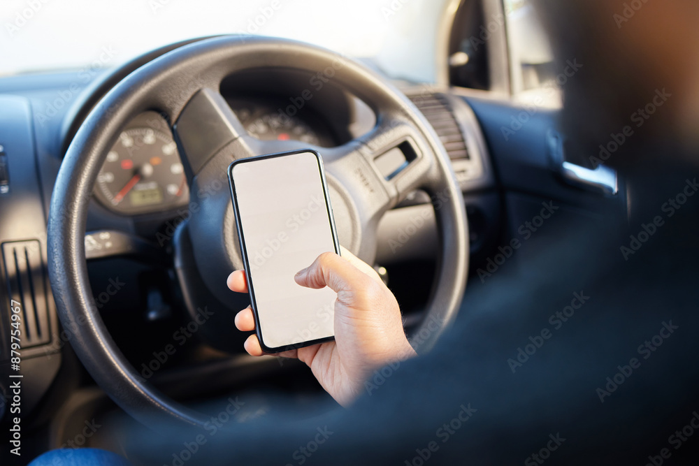 Poster screen, hand and person with phone in car for travel info, navigation or online location guide. mock