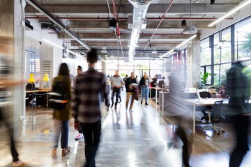 A bustling coworking space with diverse professionals engaged in collaborative discussions, capturing the energy and dynamism of modern work