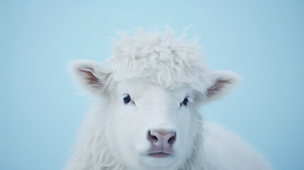 Fototapeta premium A fluffy white lamb looks at the camera with big blue eyes conveying curiosity and innocence in front of a pale blue background.
