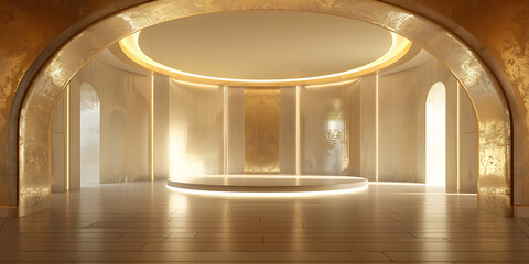 Obraz premium Virtual golden stage with soft lighting and glowing spotlights, perfect for showcasing your products or services in a luxurious and elegant way.