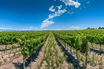 A panoramic view of rows of grapevines stretching across a lush vineyard under a clear blue sky