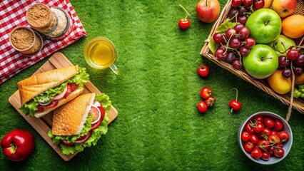 Basket with food. Picnic in summer with products, sandwich, salad, fruits, drink, apples, cherry on green grass texture background top view mockup