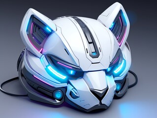 Fototapeta premium Robotic raccoon head with LED features, futuristic style, white background, digital painting, hightech look