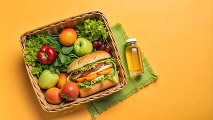 Basket with food. Picnic in summer with products, sandwich, salad, fruits, drink, apples, cherry on green grass texture background top view mockup
