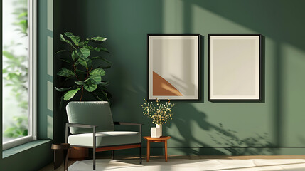 A stylish green living room with a comfortable armchair, a decorative plant, and two paintings on the wall in a minimalist style.