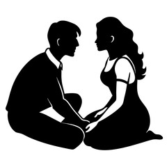 couple sitting on the ground silhouette vector art illustration