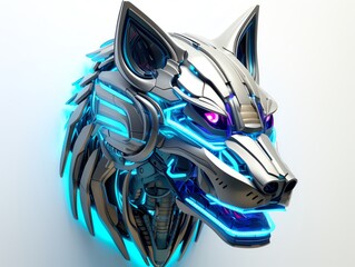 Robotic wolf head with neon highlights, scifi style, white background, digital illustration, sleek and modern design