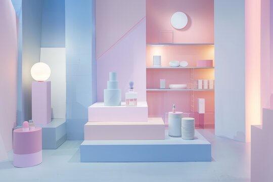 A pop-up shop interior with pastel walls, geometric shapes, and subtle color palettes. The space features a stepped platform with a cylindrical display