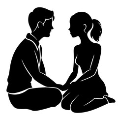 couple sitting on the ground silhouette vector art illustration