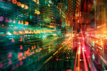 A dynamic, abstract visualization of artificial intelligence algorithms in motion, represented through patterns of binary code and digital streaks of light