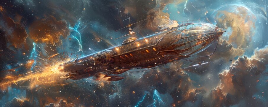 A steampunk airship navigating a cosmic storm, its lightning rods attracting the electrical energy.