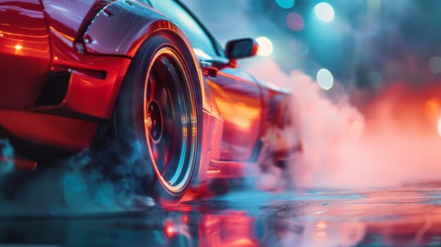 A red car performs a dramatic burnout, creating plumes of smoke, in a vibrant, neon-lit cityscape. The image captures the raw power and impressive control of the vehicle.