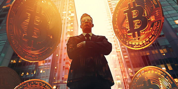 Confident businessman standing in front of glowing bitcoin symbols in a modern city, symbolizing success, power, and wealth in the world of cryptocurrency.