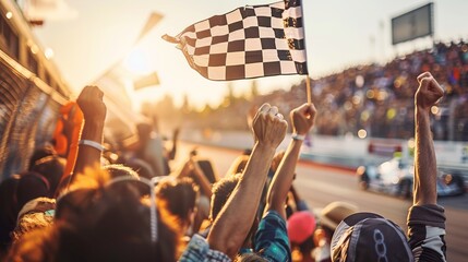 Fans enthusiastically wave checkered flags during a dramatic sunset at a motorsport race, celebrating the exhilarating and competitive atmosphere filled with excitement and community.