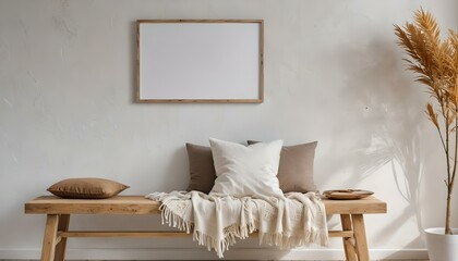 Empty photo frame, display, or 3d rendering of home interior design with a minimalistic, contemporary boho layout. Clean and crisp decor for indoor living with organic, natural yet Luxury design.