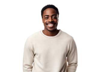 Confident black man smiling in casual attire isolated on white background