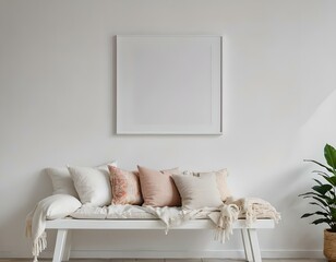 Empty photo frame, display, or 3d rendering of home interior design with a minimalistic, contemporary boho layout. Clean and crisp decor for indoor living with organic, natural yet Luxury design.