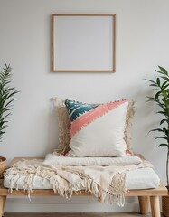 Empty photo frame, display, or 3d rendering of home interior design with a minimalistic, contemporary boho layout. Clean and crisp decor for indoor living with organic, natural yet Luxury design.