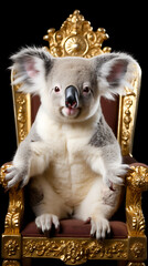 A cute and cuddly koala sits on a golden throne, looking proud and regal.