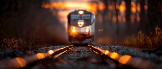  A train traverses a forest, its headlamps casting numerous lights ahead along the train tracks