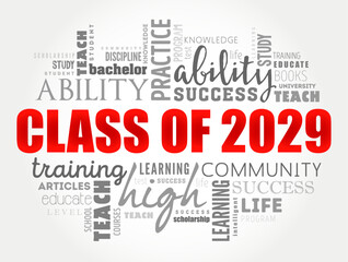 Class of 2029 - the group of students who graduated from high school or college in the year 2029, word cloud concept background
