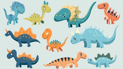 This image features a collection of cute, colorful, and playful cartoon dinosaurs in various styles and poses, perfect for themes related to children's illustrations and playful visuals.
