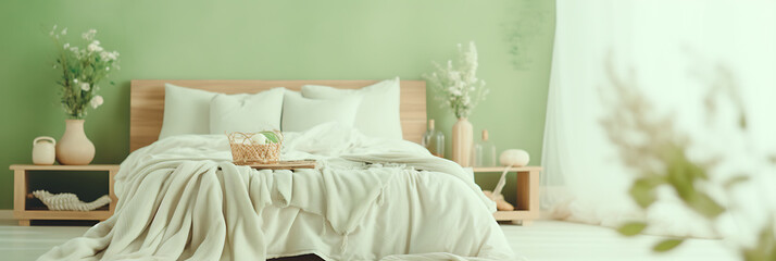 A light-filled bedroom with a light green wall, a light beige bed, and white bedding.