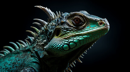 Fototapeta premium A blue iguana with a black background, looking at the camera with a serious expression.