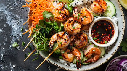 Grilled shrimp skewers over rice bowl with vegetables and dipping sauce. A healthy and flavorful meal.
