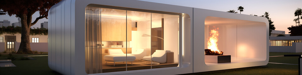 Futuristic modern house with huge glass windows and cozy fireplace