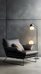 Comfy stylish black leather chair with matching ottoman and a modern lamp in a minimal room