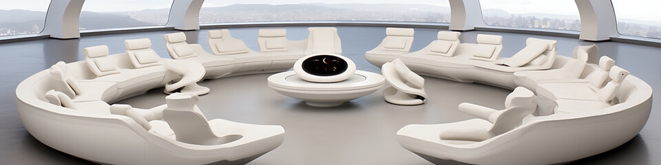 Abstract white seating arrangement, resembling a futuristic, communal space.
