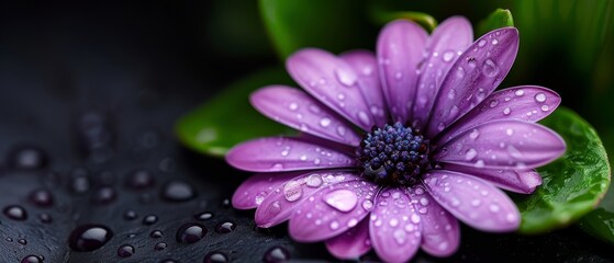 A tight shot of a purple bloom, adorned with water beads on its petals Background includes a verdant leaf