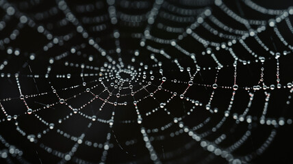 Naklejka premium close-up of a glistening spider web with droplets of water on a black background 