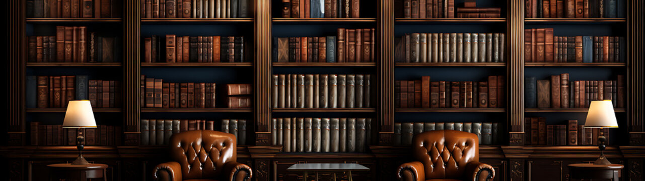 Vintage library interior with two retro armchairs and a table between them, surrounded by wooden bookshelves filled with old books, in a dark academia aesthetic