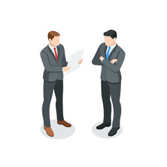 isometric vector business men reading document, in color on white background, work setting or relationship