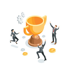 isometric vector business people rejoice in victory near a big trophy, in color on a white background, great success or goal achievement
