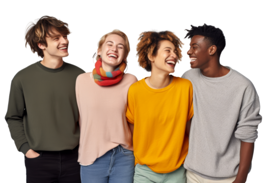 Diverse friends, including a nonbinary person, standing close together and looking happy. Isolated on white background