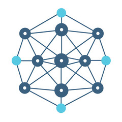 Blue and black illustration of a decentralized network or blockchain concept with glowing blue nodes and connections.