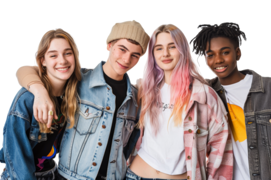 Diverse friends, including a nonbinary person, standing close together and looking happy. Isolated on white background
