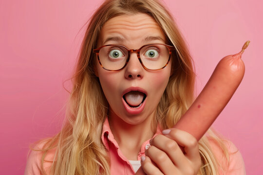 Funny oral sex concept of a nerdy housewife woman with a surprised face and mouth open, holding a big sausage in hand