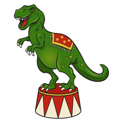 Circus dinosaur tyrannosaurus on circus stand pop art retro PNG illustration. Comic book style imitation.
