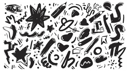 A collection of random black doodles and shapes, including stars, arrows, cloud, and swirls, creatively arranged to form an abstract and playful artistic design.