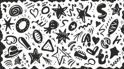A collection of random black doodles and shapes, including stars, hearts, swirls, and other playful elements, arranged on a white background for a whimsical and fun design.